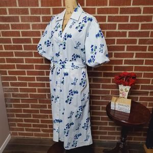 Ghospell Blue Floral Belted Button Front Oversized Puff Sleeve Midi Dress Small